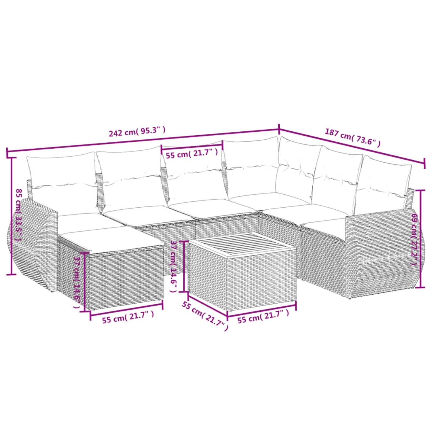 Graue 8-tlg. vidaXL Garten-Sofagarnitur aus Polyrattan mit Kissen, bestehend aus Sofaelementen, Hocker und Tisch.