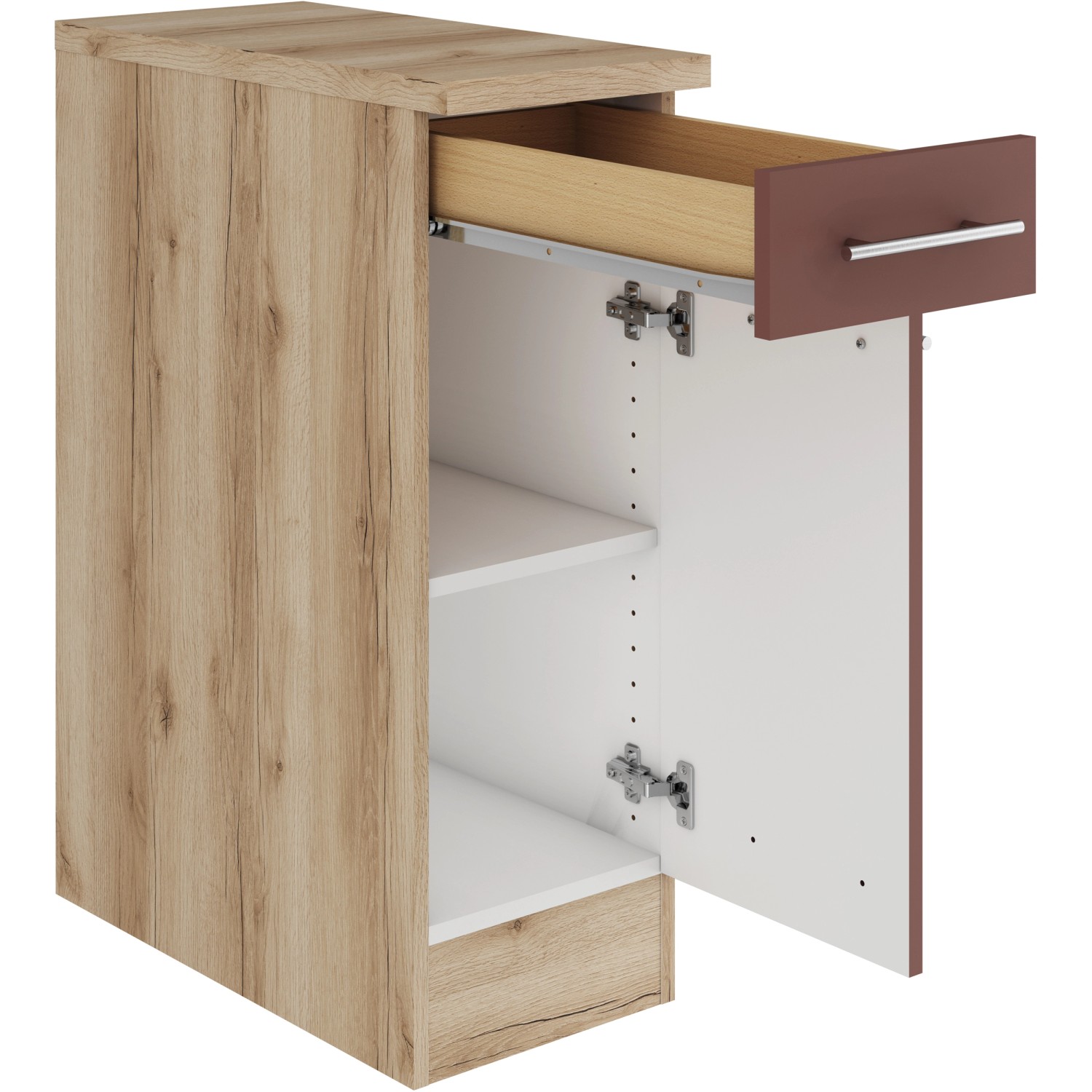 OPTIFIT Bari407 Küchenunterschrank, 30 cm, Rostrot mit Schublade und Tür.