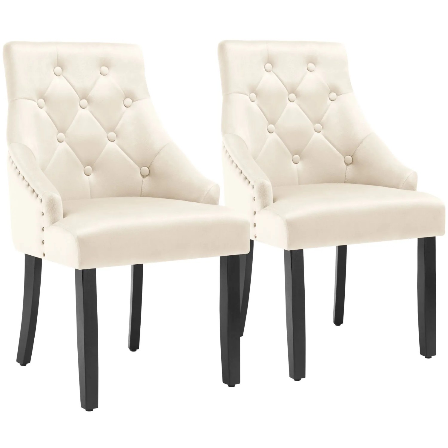 Tectake Esszimmerstuhl Everdeen Gepolstert  In Samtoptik  Mit Seitlichen Zierknöpfen Große Rückenlehne  Gesteppt 2Er Set 57 x 52 x 91 cm Creme Schwarz