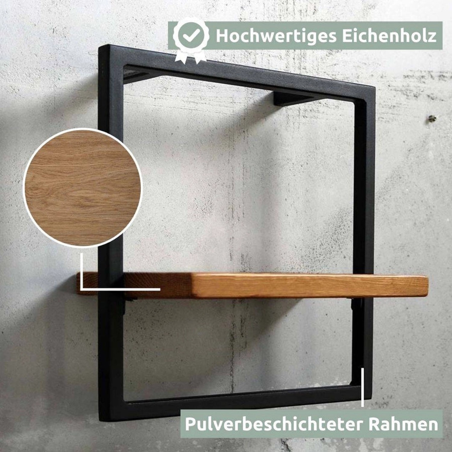 Holz4home Wandregal Small, Eiche geölt, schwarzer Metallrahmen im Industrial Style.