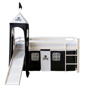 Weißes Kinderhochbett 90x200 mit Piraten-Vorhang, Rutsche und Turm. Abenteuerbett aus Holz für Spiel & Schlaf.