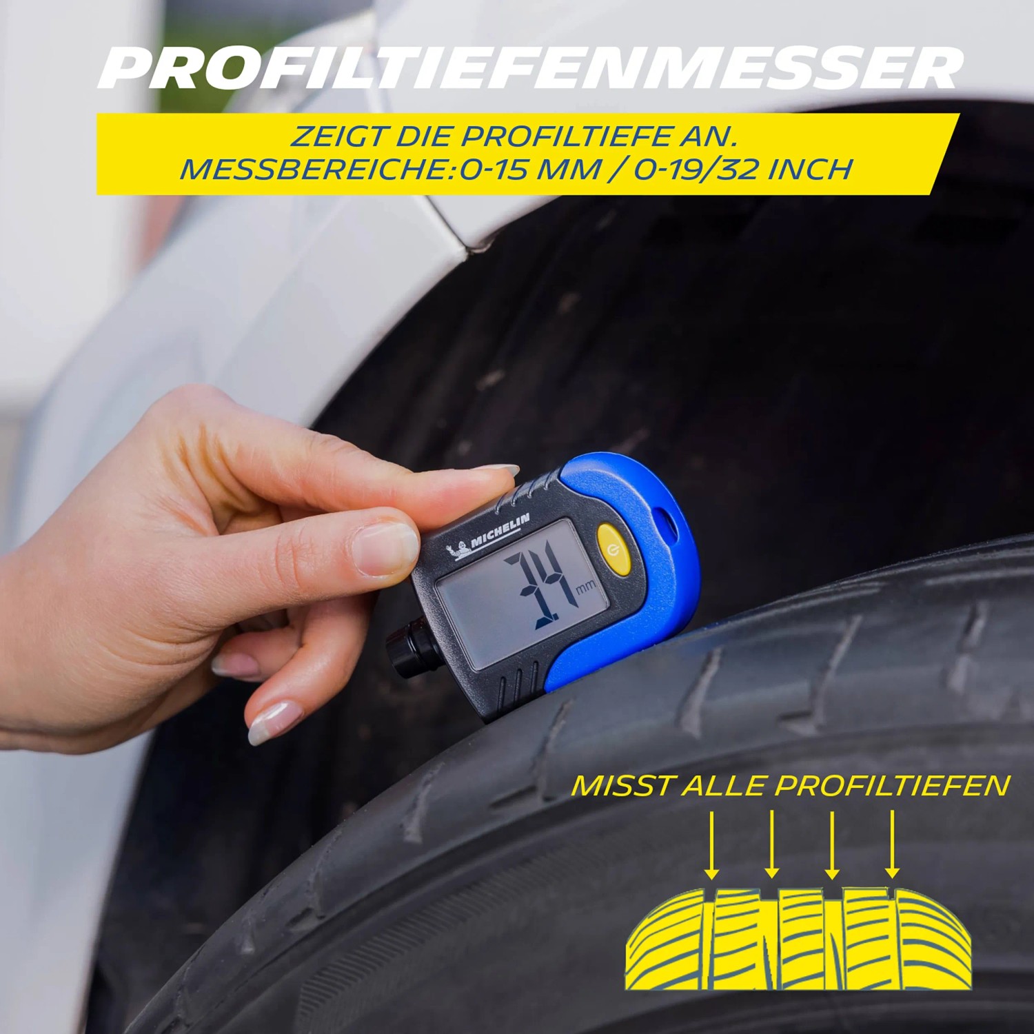 Michelin Reifendruckprüfer mit Profiltiefenmesser in Nutzung am Reifen.