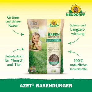 Neudorff Azet Rasen-Dünger, 10,05 kg, auf grünem Rasen. Granulierter organischer Dünger für dichten Rasen, unbedenklich für Mensch & Tier.