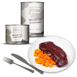 Mjamjam Katzen-Nassfutter Köstliches Pferd mit Kürbis, 200g Dose und Portion auf Teller.