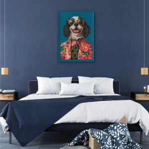 Leinwandbild Jacky, Hund im floralen Anzug mit Sonnenbrille, an blauer Wand im Schlafzimmer. Dekoartikel.