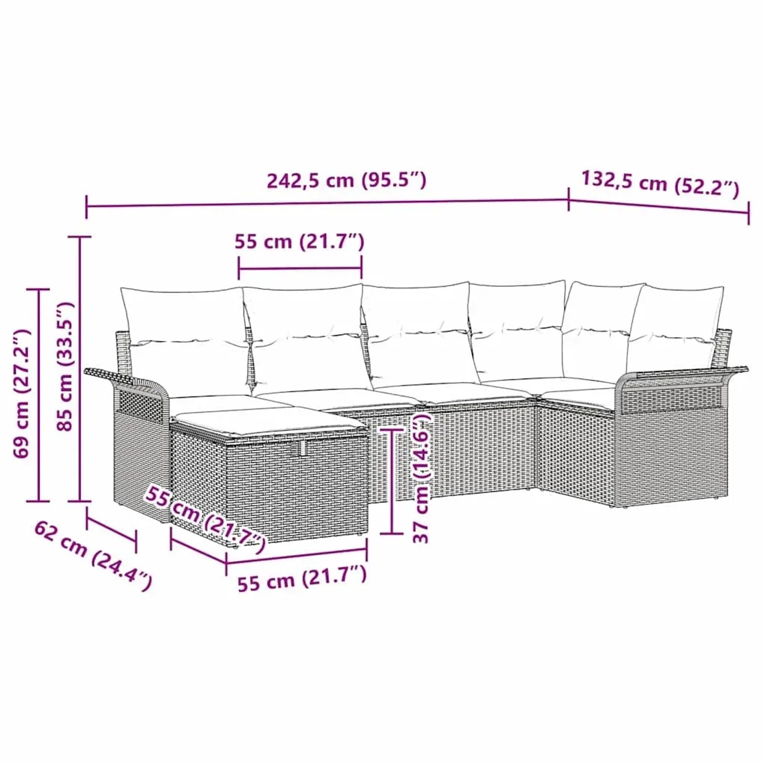 vidaXL Gartenmöbel-Set, 6-teilig, hellgraues Poly Rattan, mit Maßangaben.