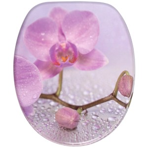 Sanilo WC-Sitz Blooming aus Holz mit lila Orchideen-Motiv und Wassertropfen.