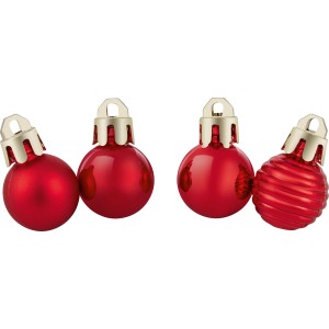 30 rote Weihnachtskugeln (Ø 2 cm) aus Kunststoff mit goldenen Aufhängern, verschiedene Designs.