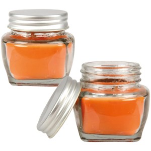 HS Candle Duftkerze Macaron, 12er Pack, Orange, in Glasbehältern mit Deckel.