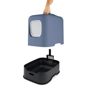 Rotho Katzentoilette Biala in Blau/Schwarz mit Schaufel und abnehmbarem Deckel.