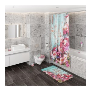 Badezimmer-Set mit Sanilo WC-Bürste Spring, Duschvorhang, Badematte und WC-Sitz mit Blumenmuster.