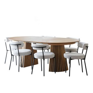 ebuy24 Tokyo Essgruppe mit ausziehbarem Tisch Eiche und 6 weißen Bouclé-Stühlen.