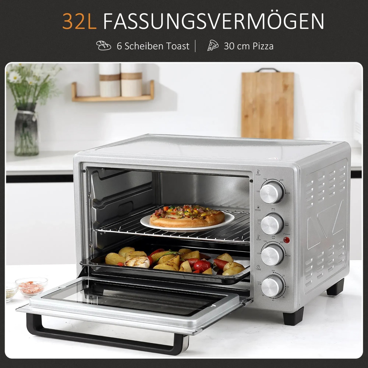 HOMCOM Mini-Backofen 32L in Silber mit Grillrost, Backblech und Pizza im Innenraum.