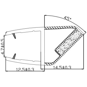 Technische Zeichnung: Magnetdichtung für Eckduschkabine, 5 mm Glasstärke, Maße und Winkelangaben.