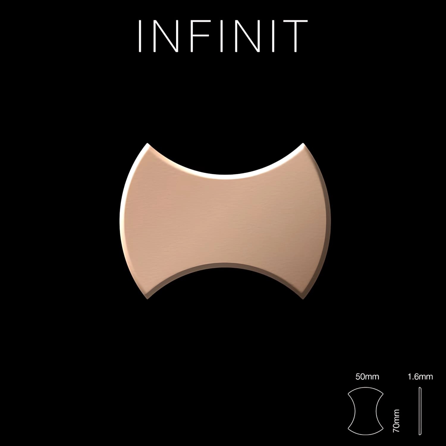 Mosaikfliese aus Kupfer, gewalzt, Infinit-CM Design. Einzelne Fliese auf schwarzem Hintergrund.