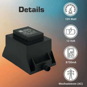 Schwarzer Kerry Electronics Trafo 105W, 12V AC/AC, IP44 für Elektroinstallation.