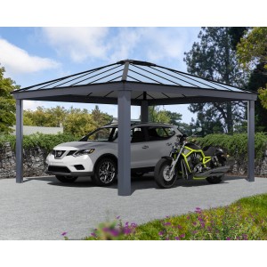 Grauer Palram Canopia Carport Colorado mit Auto und Motorrad. Moderner Unterstand mit Polycarbonat-Dach.