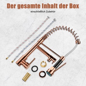 Alle Komponenten der PXloue Küchenarmatur: Messing-Armatur in Kupferoptik, Ausziehbrause, Schläuche, Zubehör.