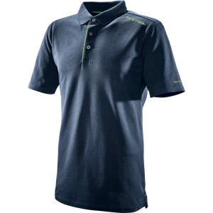 Dunkelblaues Festool Herren Poloshirt mit grünem Logo und Akzenten. Modernes Design für Arbeitskleidung.