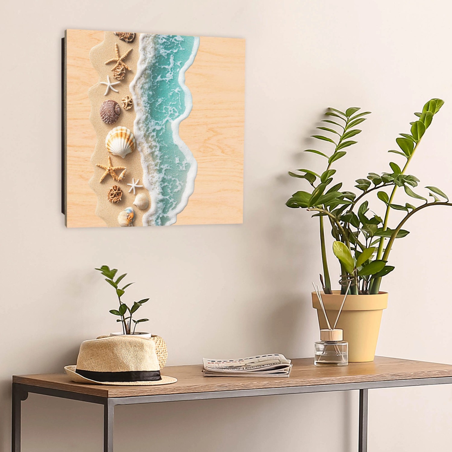 Banjado Schlüsselkasten mit Strandmotiv, Holz, 30x30cm, 50 Haken. Dekorative Schlüsselbox für die Wandmontage.