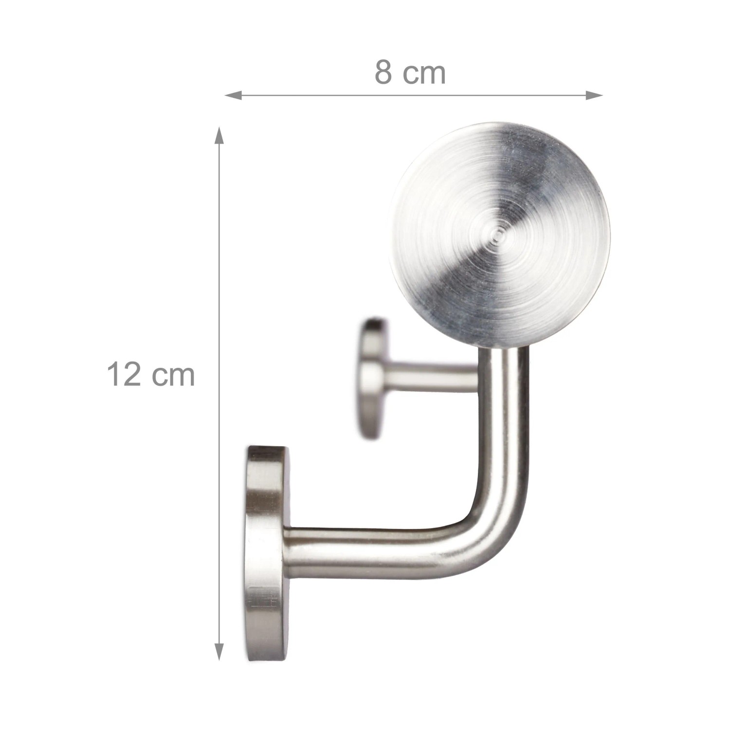 Silberne Edelstahl-Wandhalterung für Handlauf, gebogen, 12 cm hoch, 8 cm tief. Für sicheren Halt an Treppen.