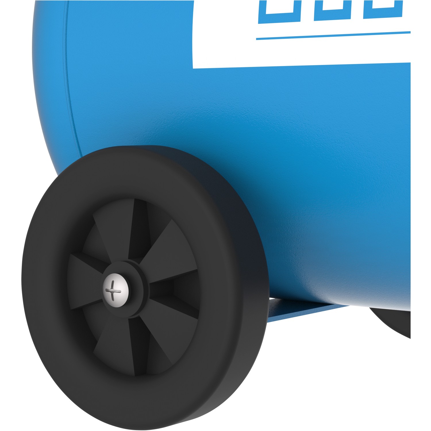 Detailaufnahme: Rad des blauen Güde Kompressors 260/10/50.