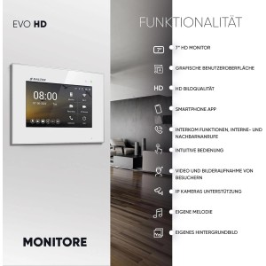 Balter EVO-HD Video-Türsprechanlage mit 7-Zoll-Monitor, Silber-Weiß, für Vierfamilienhaus.