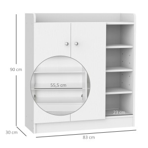Weißer HOMCOM Schuhschrank mit 2 Türen, 4 Fächern und Regal, Maße 80x30x90cm.