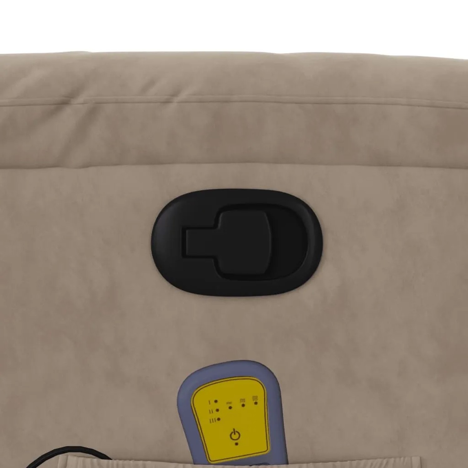 Detailansicht: Taupe Massagesessel mit Aufstehhilfe, Hebel und Fernbedienung.