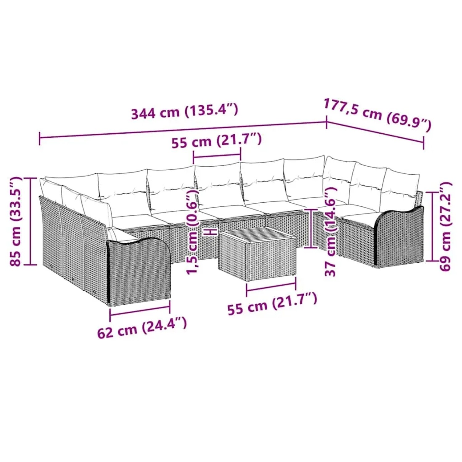 vidaXL Gartenmöbel-Set, 11-teilig, beige/hellgrau, mit Maßen. Ideal für Terrasse und Garten.