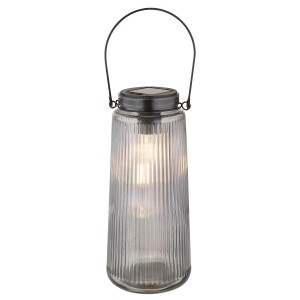 Globo LED-Solarleuchte aus Rauchglas und Kunststoff, 25 cm hoch, mit Tragegriff.