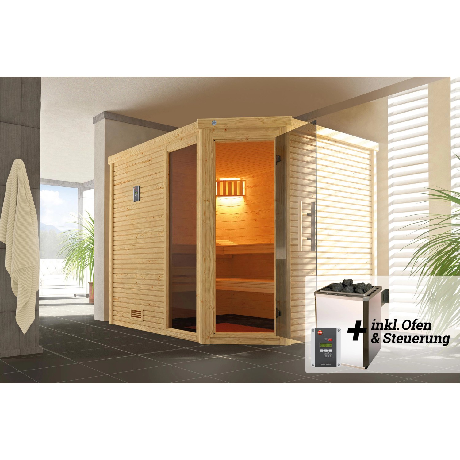 Weka Design-Sauna Cubilis 3 Sparset 7,5 kW OS digi. Steuerung Glastür Fenster