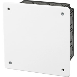 Unterputz Abzweigkasten, 105x105mm, schwarz-weiß, mit Deckel und Anschlussmöglichkeiten.