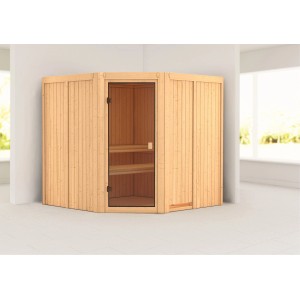 Karibu Sauna Kotka mit Eckeinstieg und bronzierter Glastür. Massivholzsauna für den Innenbereich.