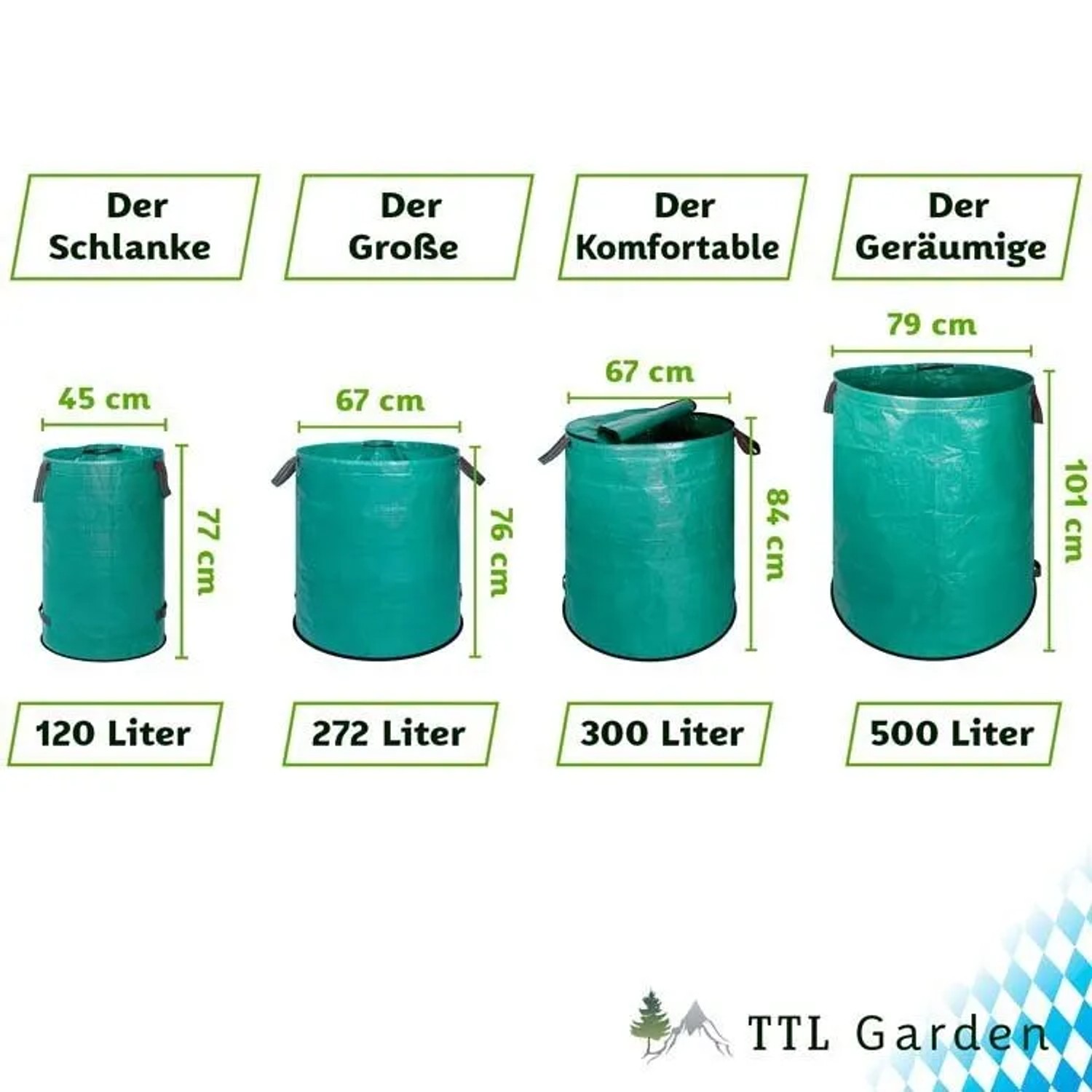 TTL GARDEN Gartensäcke, 4 Größen im Vergleich: 120L, 272L, 300L, 500L. Ideal als Laubsack oder für Gartenabfälle.