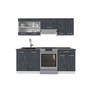 Vicco R-Line Küchenzeile in Schwarz Beton/Weiß mit anthrazitfarbener Arbeitsplatte, 200 cm breit.