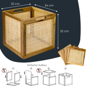 HMF Aufbewahrungskorb aus Rattan und Akazienholz für Kallax Regale, 32x34x32 cm, mit Griffen. Zeigt einfachen Aufbau.