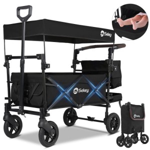 Sekey Bollerwagen, faltbar, mit Dach, für 2 Kinder, bis 100 kg, schwarz. Ideal für Camping & Freizeit.