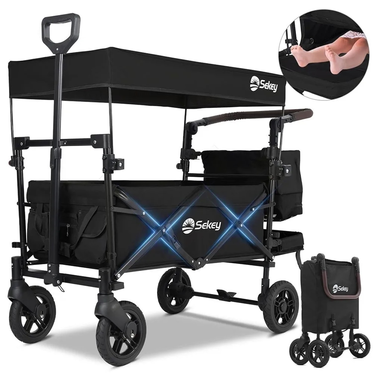 Sekey Faltbarer Bollerwagen mit Dach 150KG Kinder Transportwagen Schwarz