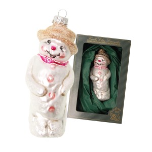 Weihnachtsornament: Schneemann aus Glas von Krebs Glas Lauscha, weiß mit goldenem Hut, 12cm.