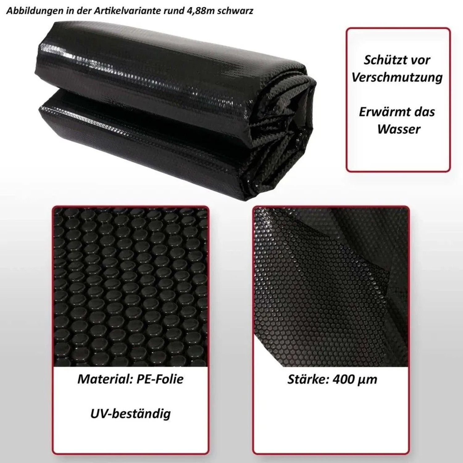 Gerollte schwarze MCW Pool-Abdeckung, 400 µm PE-Folie. Schützt vor Schmutz, erwärmt Wasser, UV-beständig.