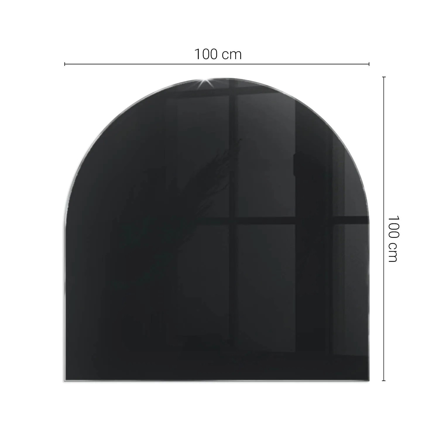 Schwarze, halbkreisförmige Glasplatte (100x100 cm) für Kaminöfen als Bodenschutz.