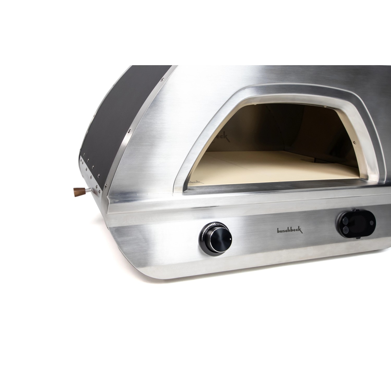 Buschbeck Pizzaofen X1 für Gas und Holz, Edelstahlgehäuse mit Pizzaschieber.