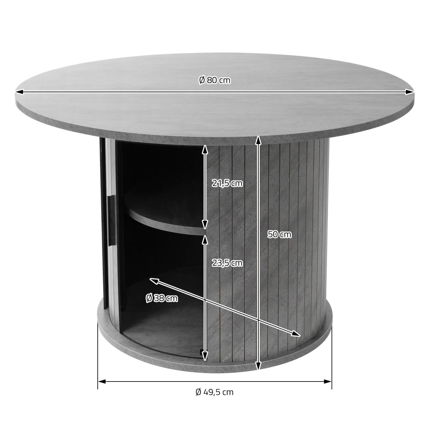 Runder Couchtisch ML-Design in Beton-Optik Grau, Ø80x50 cm, mit Schiebetür, Stauraum und zwei Ablageflächen. Ansicht mit Maßen.
