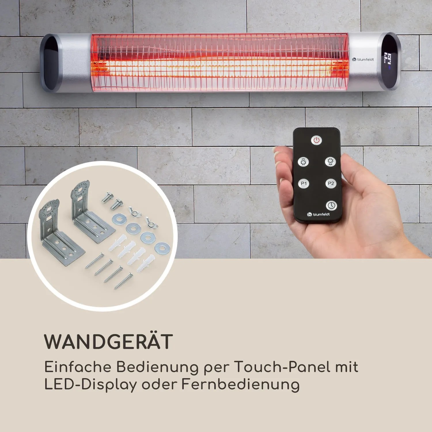 Blumfeldt Infrarot-Heizstrahler Dark Wave (2000W) mit Fernbedienung und Montagezubehör.