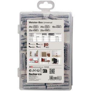 Fischer Meister-Box Universal mit 110 Dübeln in transparenter Kunststoffbox, verschiedene Größen.