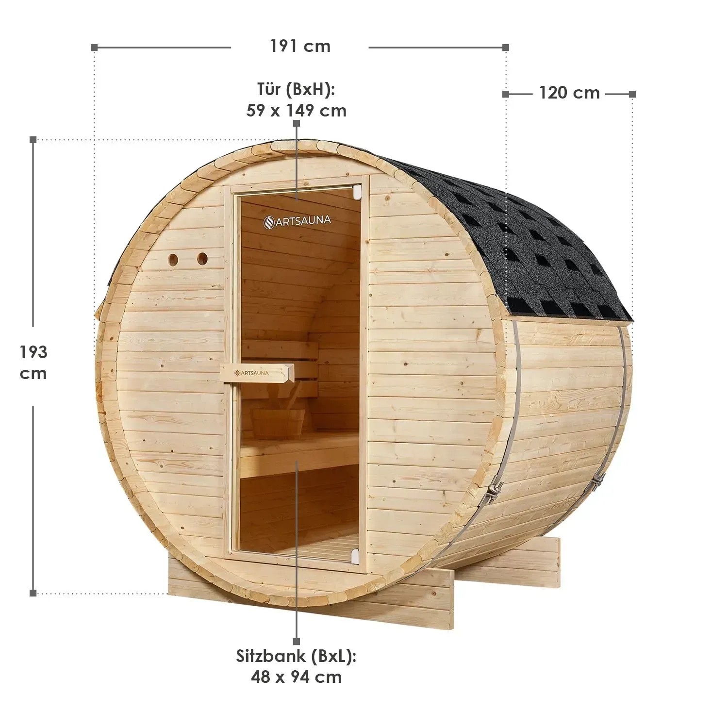 Artsauna Fasssauna Spitzbergen 120 cm, 2 Personen, 3,6 kW Ofen. Holzsauna mit Maßen.