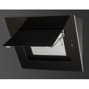 PKM Dunstabzugshaube 9040/90B Z, A, Edelstahl/Glas, Kopffreihaube für Wandmontage, offene Klappe.