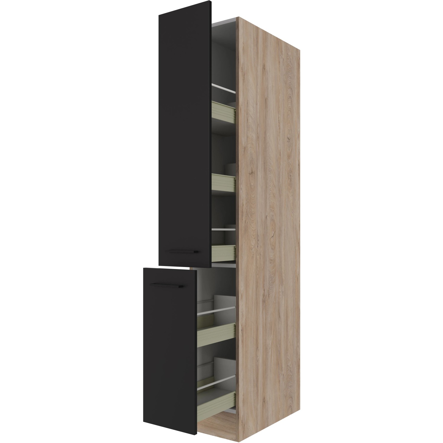 Flex-Well Apotheker-Hochschrank Capri, 30 cm, Schwarz Matt/Eiche, mit Auszügen und Ablagen.