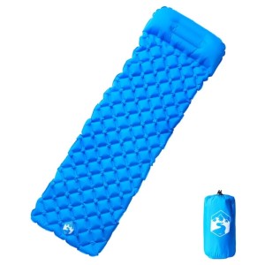 Blaue, aufblasbare Isomatte mit Kissen und Packsack für Camping & Outdoor.